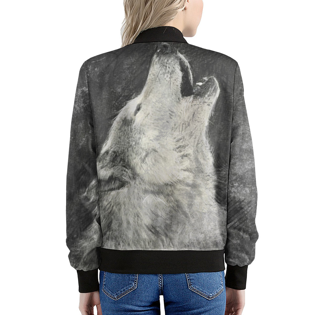 Monochrome Howling Wolf Print Women's Bomber Jacket