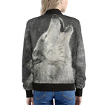 Monochrome Howling Wolf Print Women's Bomber Jacket