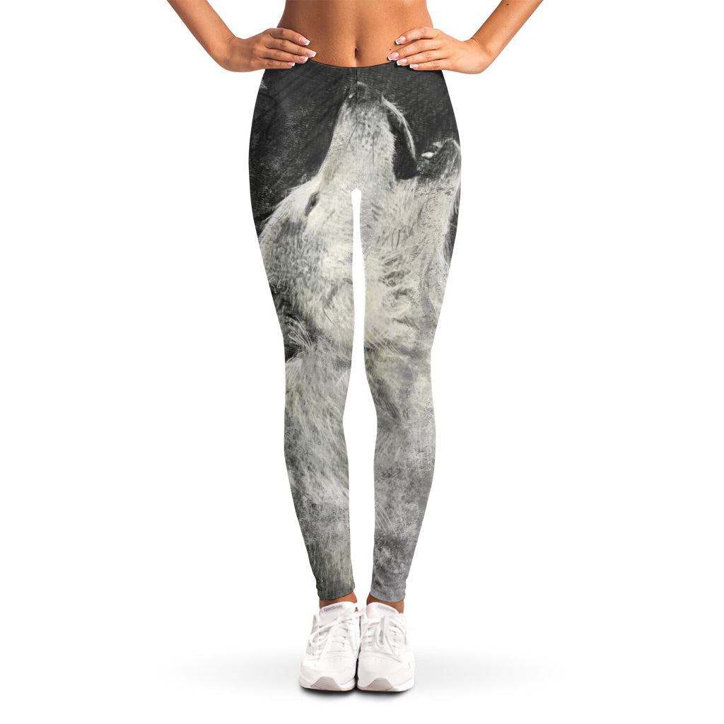 Monochrome Howling Wolf Print Women's Leggings