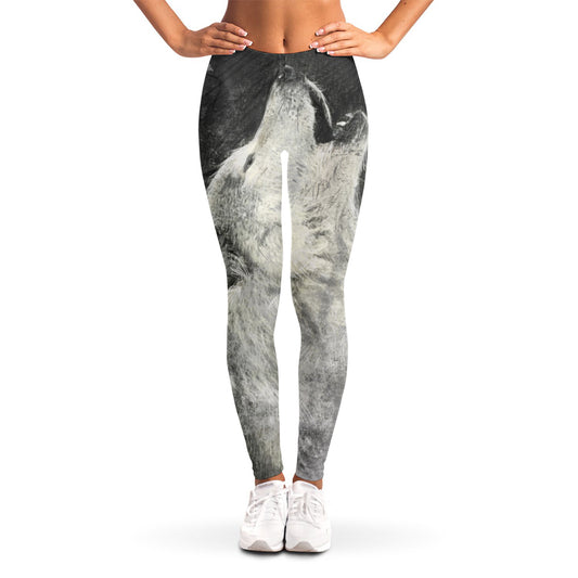 Monochrome Howling Wolf Print Women's Leggings