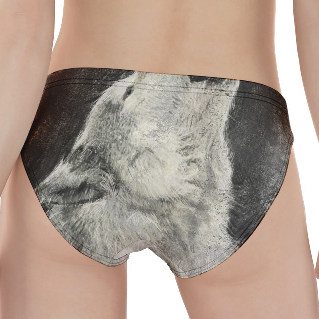 Monochrome Howling Wolf Print Women's Panties