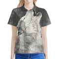 Monochrome Howling Wolf Print Women's Polo Shirt