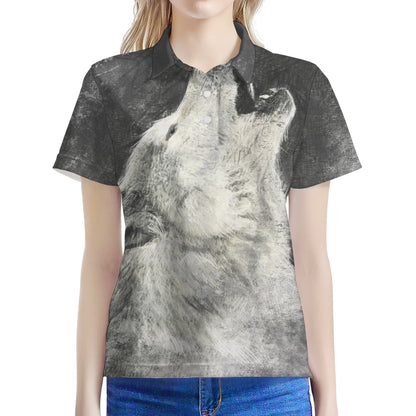 Monochrome Howling Wolf Print Women's Polo Shirt