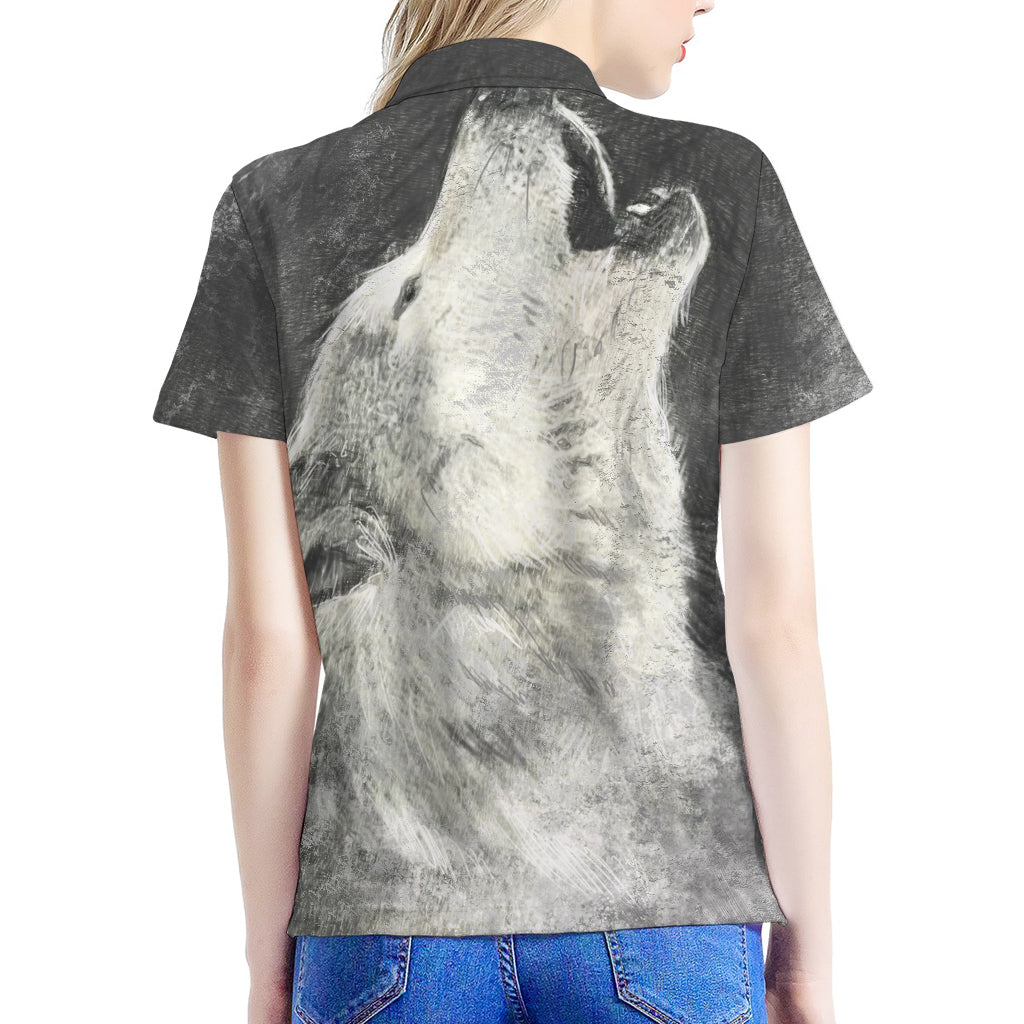 Monochrome Howling Wolf Print Women's Polo Shirt