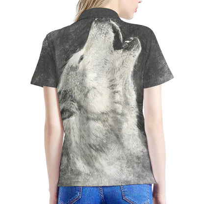 Monochrome Howling Wolf Print Women's Polo Shirt