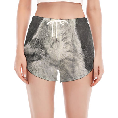 Monochrome Howling Wolf Print Women's Split Running Shorts