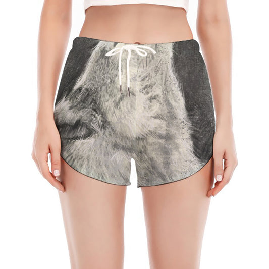 Monochrome Howling Wolf Print Women's Split Running Shorts