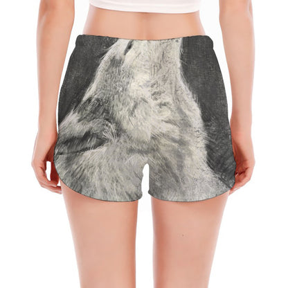 Monochrome Howling Wolf Print Women's Split Running Shorts