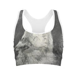 Monochrome Howling Wolf Print Women's Sports Bra