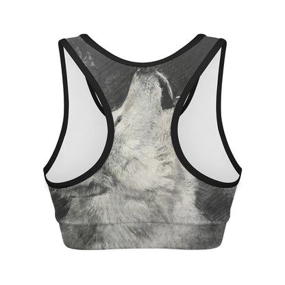 Monochrome Howling Wolf Print Women's Sports Bra