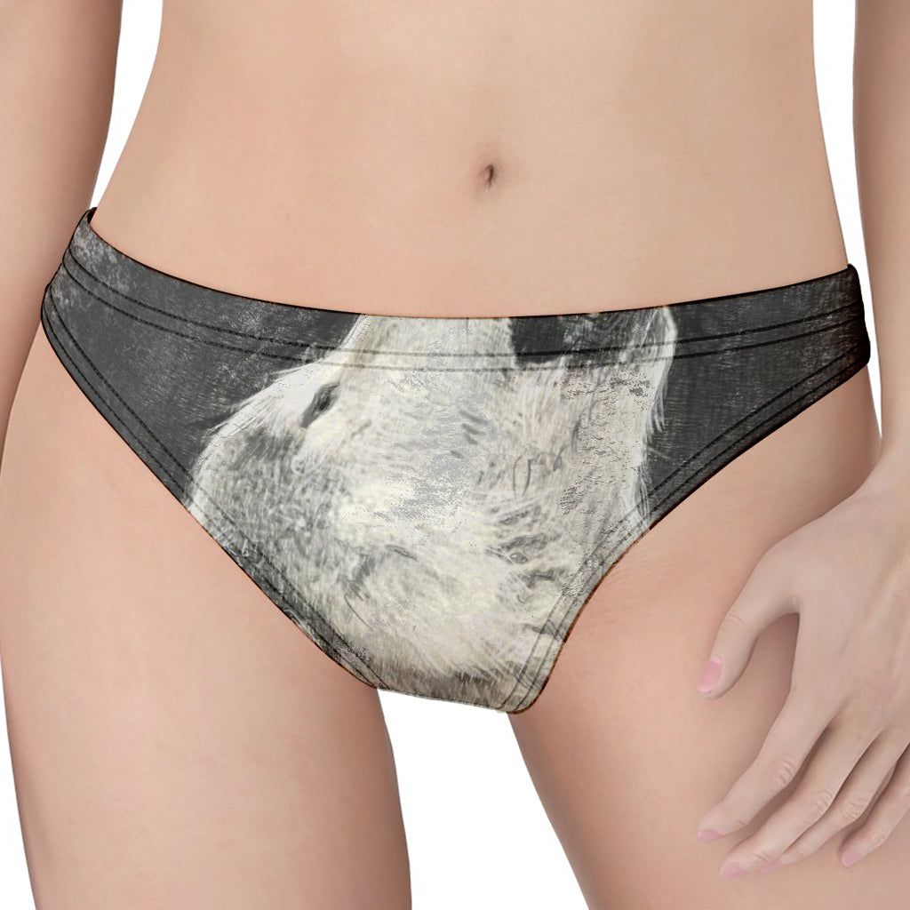 Monochrome Howling Wolf Print Women's Thong