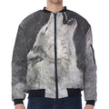 Monochrome Howling Wolf Print Zip Sleeve Bomber Jacket