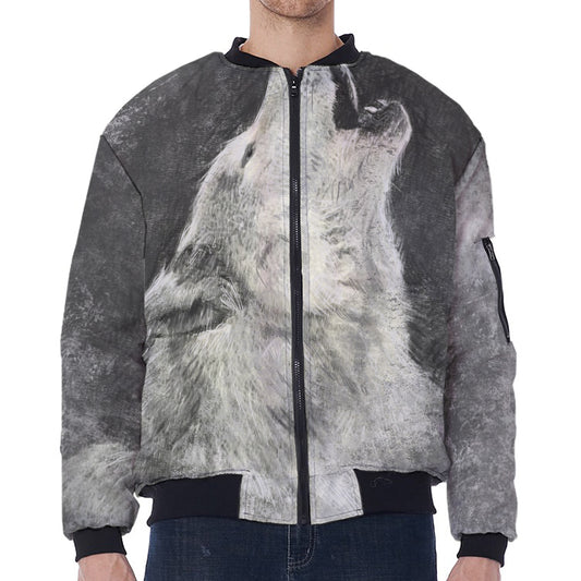 Monochrome Howling Wolf Print Zip Sleeve Bomber Jacket