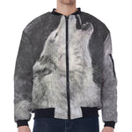 Monochrome Howling Wolf Print Zip Sleeve Bomber Jacket