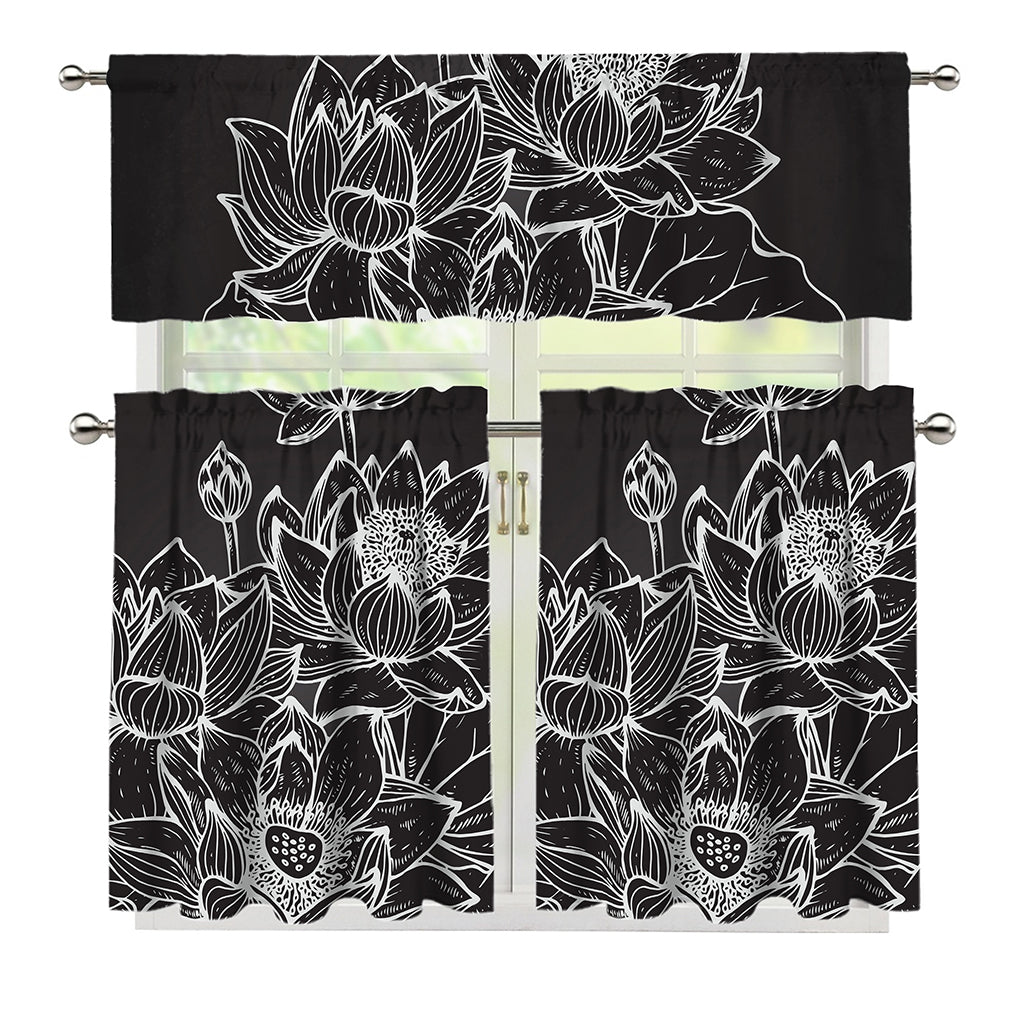 Monochrome Lotus Print 3 Piece Kitchen Curtains