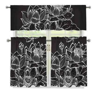 Monochrome Lotus Print 3 Piece Kitchen Curtains