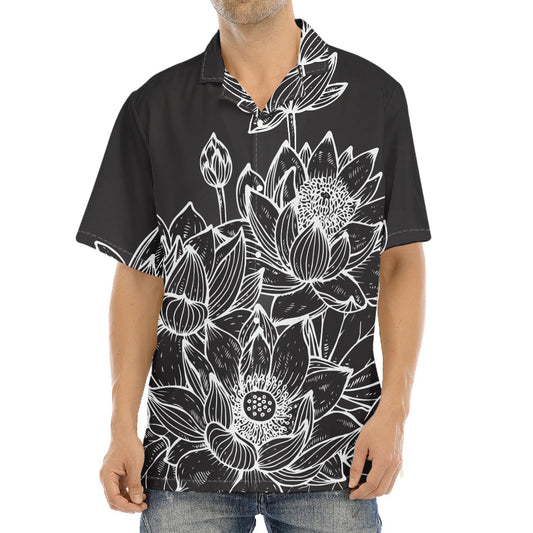 Monochrome Lotus Print Aloha Shirt