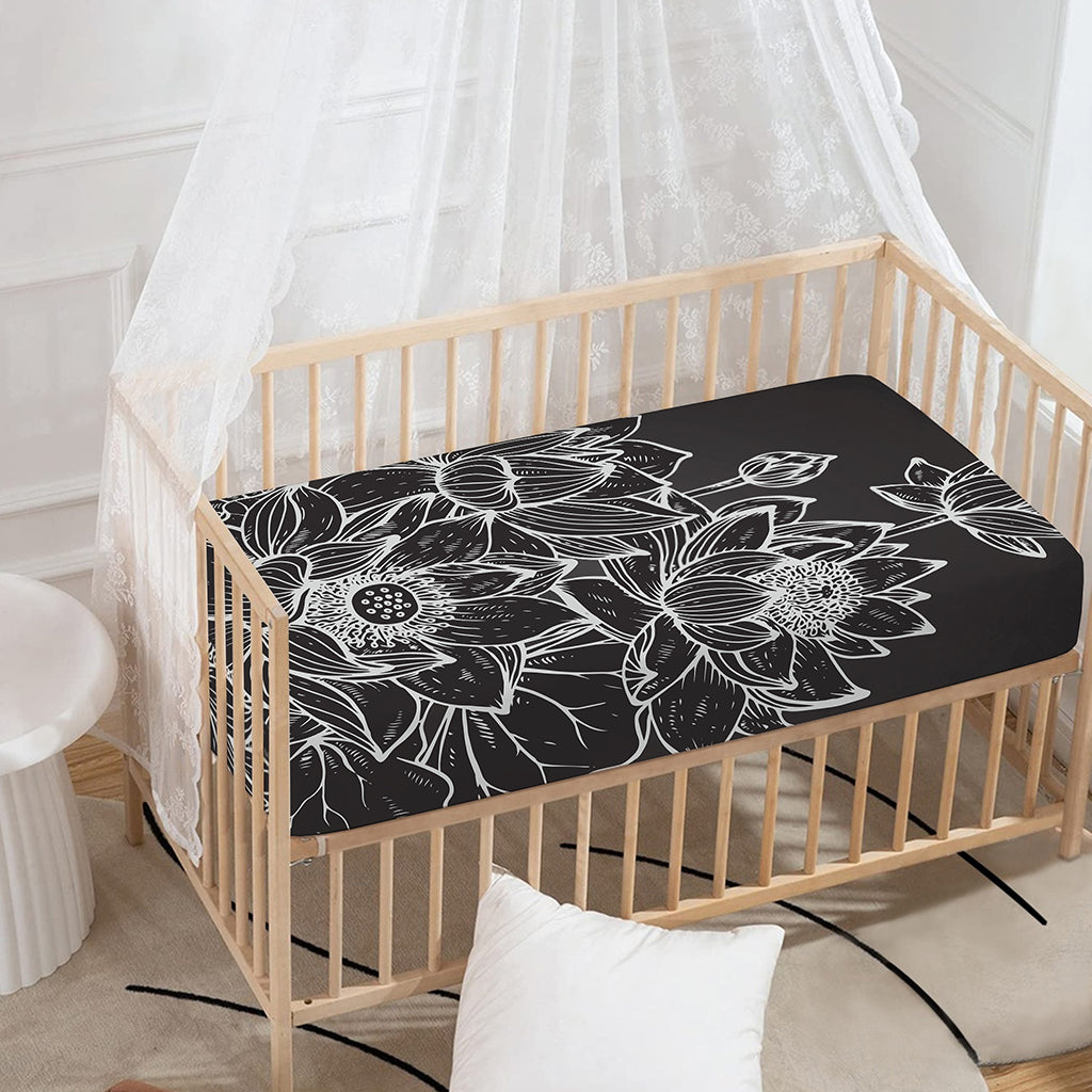 Monochrome Lotus Print Baby Crib Sheet