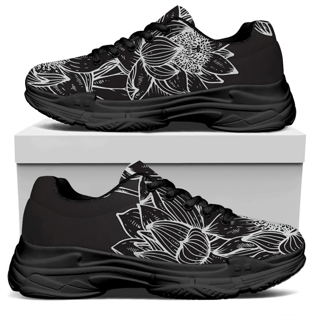 Monochrome Lotus Print Black Chunky Shoes