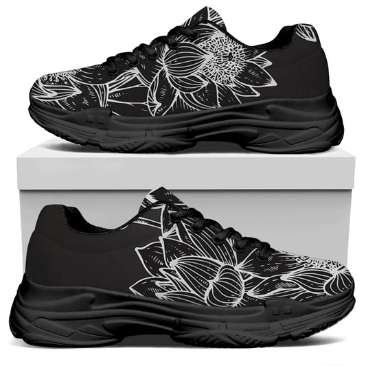 Monochrome Lotus Print Black Chunky Shoes