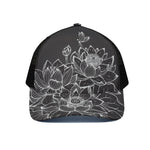 Monochrome Lotus Print Black Mesh Trucker Cap