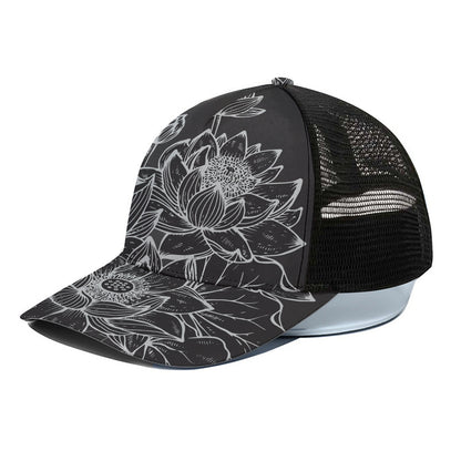 Monochrome Lotus Print Black Mesh Trucker Cap