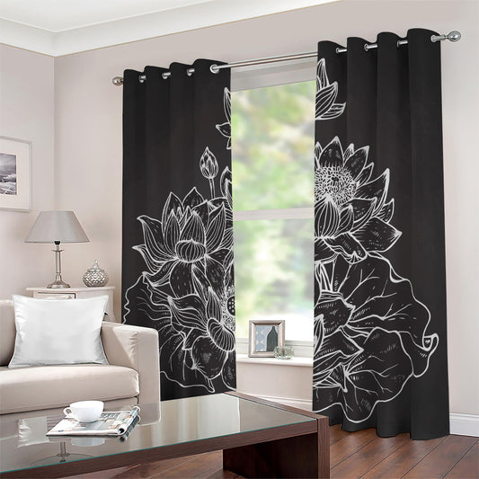 Monochrome Lotus Print Blackout Grommet Curtains