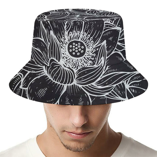 Monochrome Lotus Print Bucket Hat