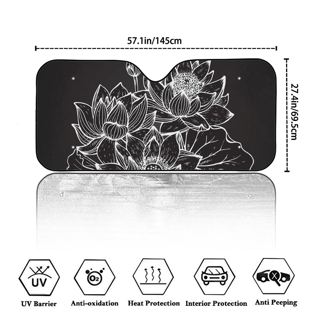 Monochrome Lotus Print Car Windshield Sun Shade