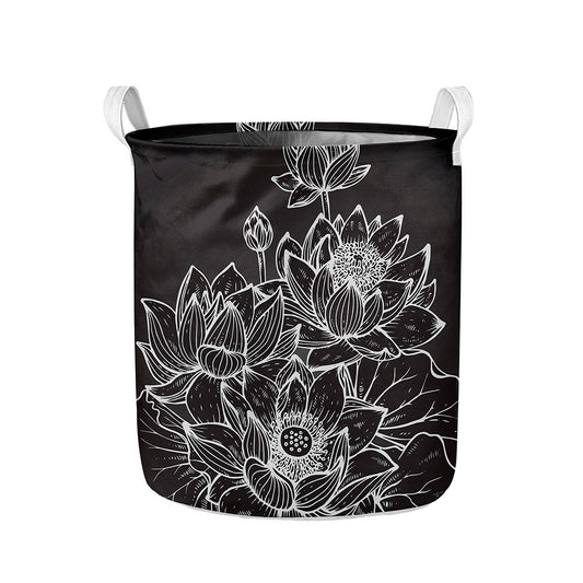Monochrome Lotus Print Collapsible Laundry Basket