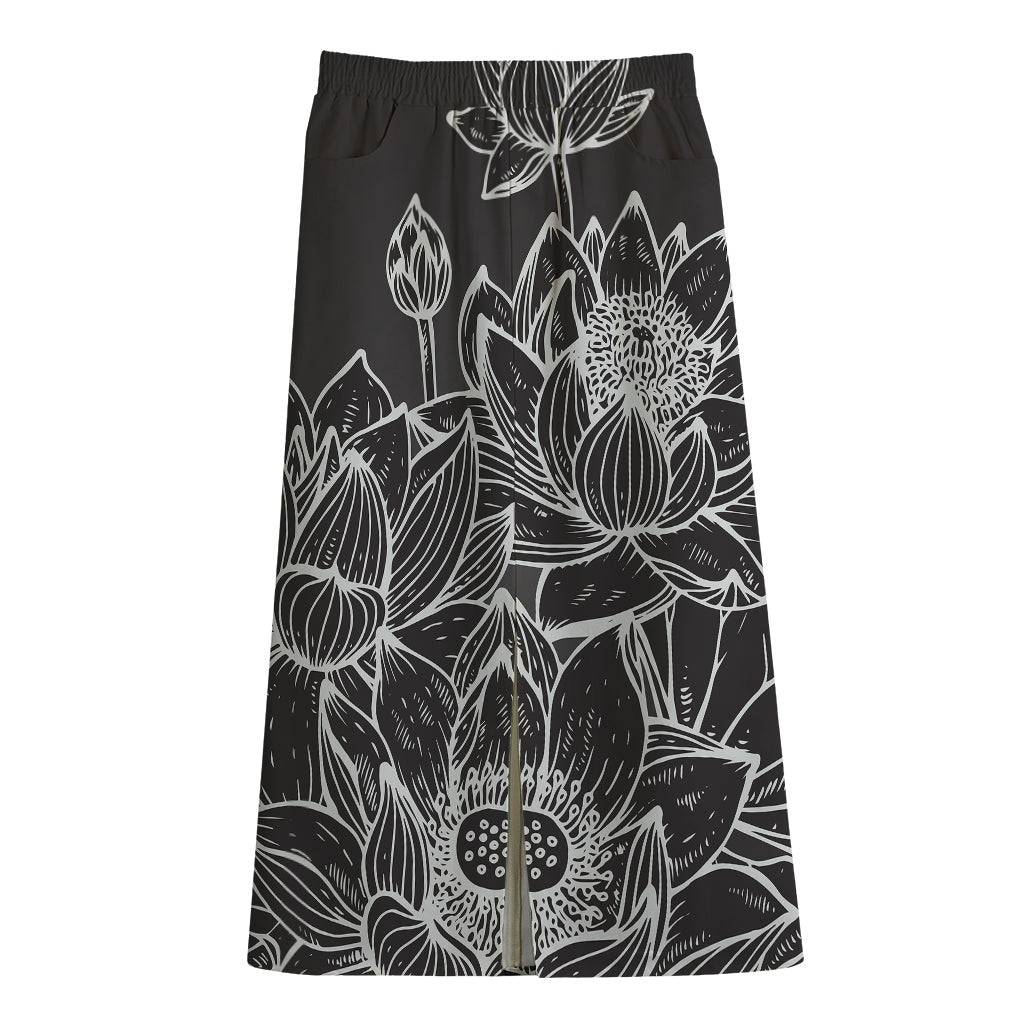 Monochrome Lotus Print Cotton Front Slit Maxi Skirt