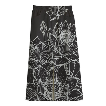 Monochrome Lotus Print Cotton Front Slit Maxi Skirt