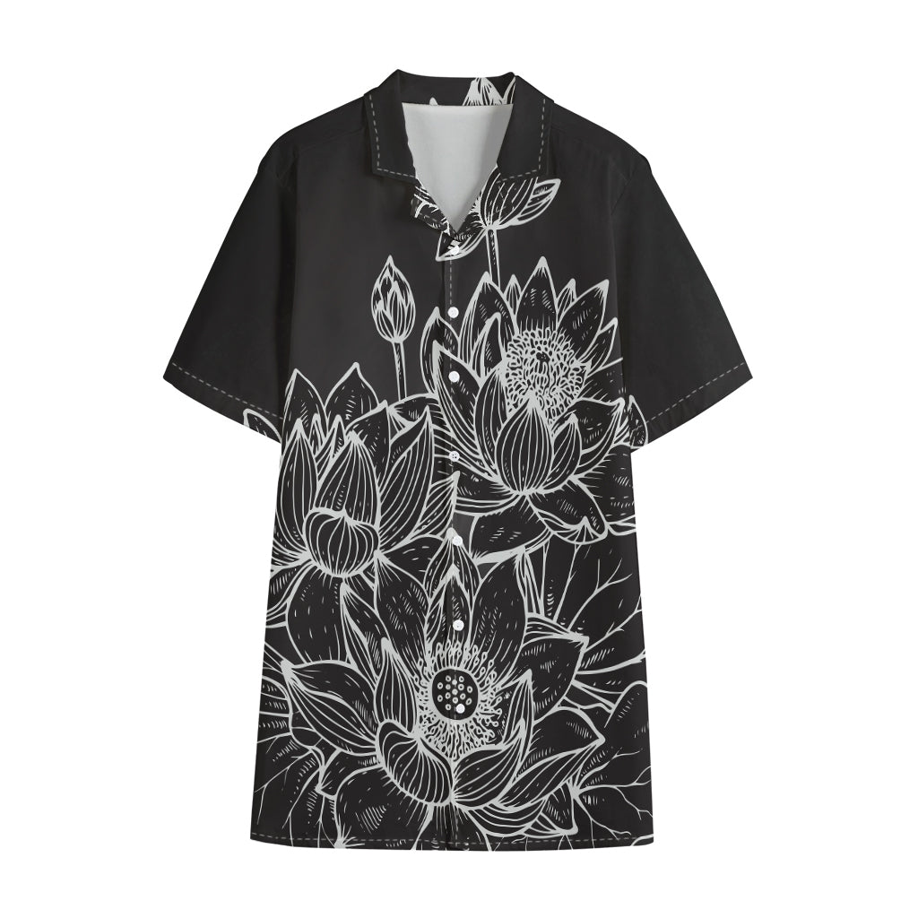 Monochrome Lotus Print Cotton Hawaiian Shirt