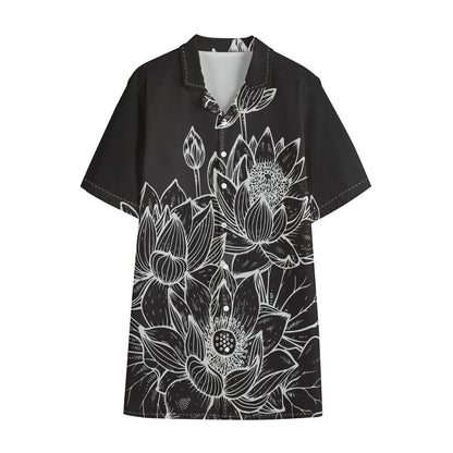 Monochrome Lotus Print Cotton Hawaiian Shirt