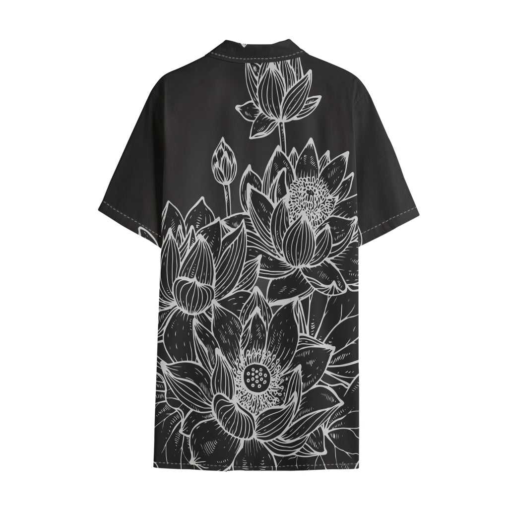 Monochrome Lotus Print Cotton Hawaiian Shirt
