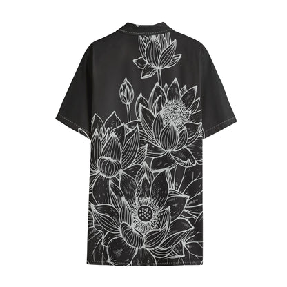 Monochrome Lotus Print Cotton Hawaiian Shirt