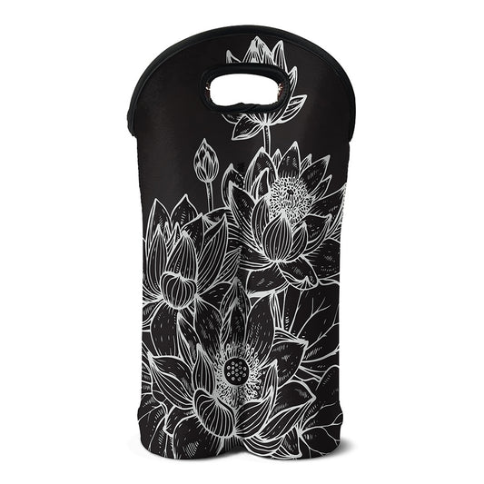Monochrome Lotus Print Double Neoprene Wine Tote