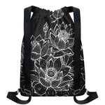 Monochrome Lotus Print Drawstring Backpack