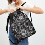 Monochrome Lotus Print Drawstring Backpack