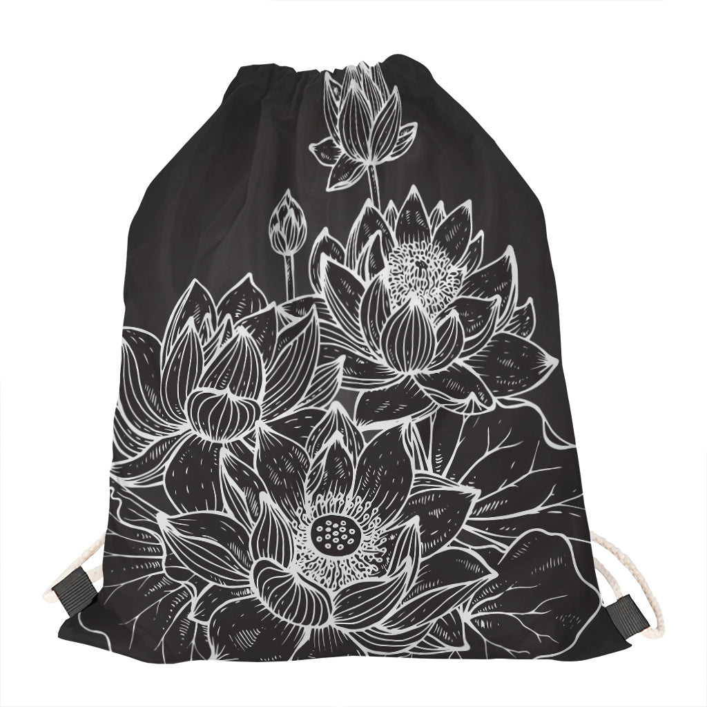 Monochrome Lotus Print Drawstring Bag