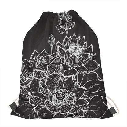 Monochrome Lotus Print Drawstring Bag