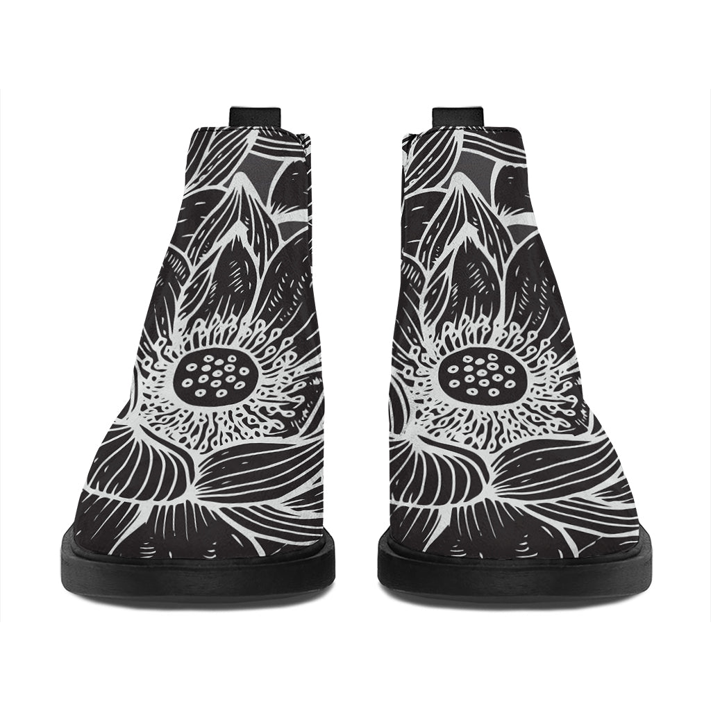 Monochrome Lotus Print Flat Ankle Boots