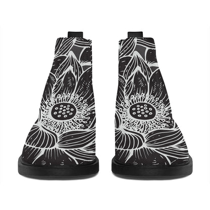 Monochrome Lotus Print Flat Ankle Boots