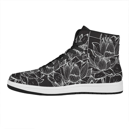 Monochrome Lotus Print High Top Leather Sneakers