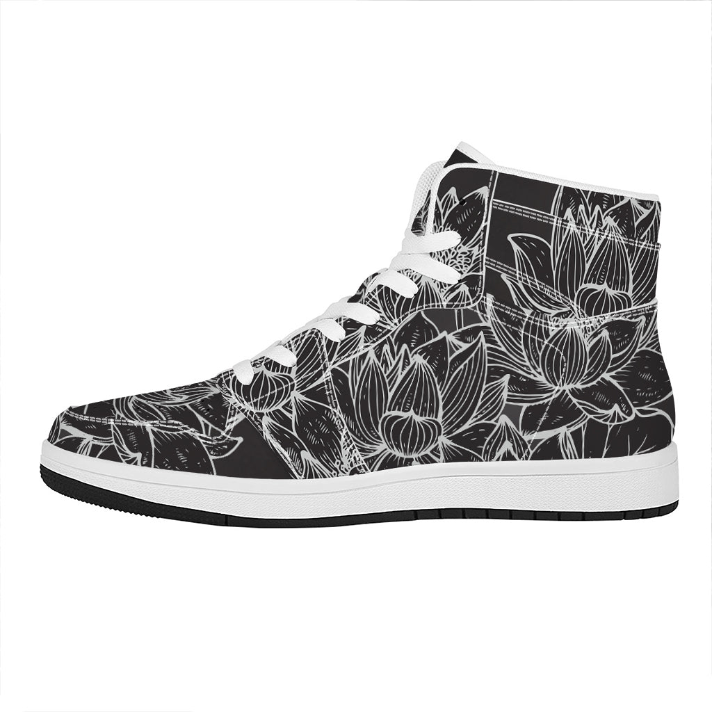 Monochrome Lotus Print High Top Leather Sneakers