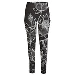 Monochrome Lotus Print High-Waisted Pocket Leggings
