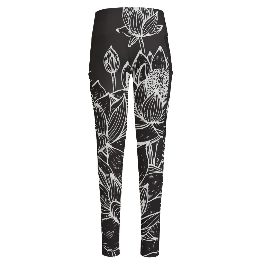 Monochrome Lotus Print High-Waisted Pocket Leggings