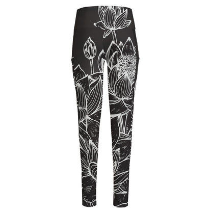 Monochrome Lotus Print High-Waisted Pocket Leggings