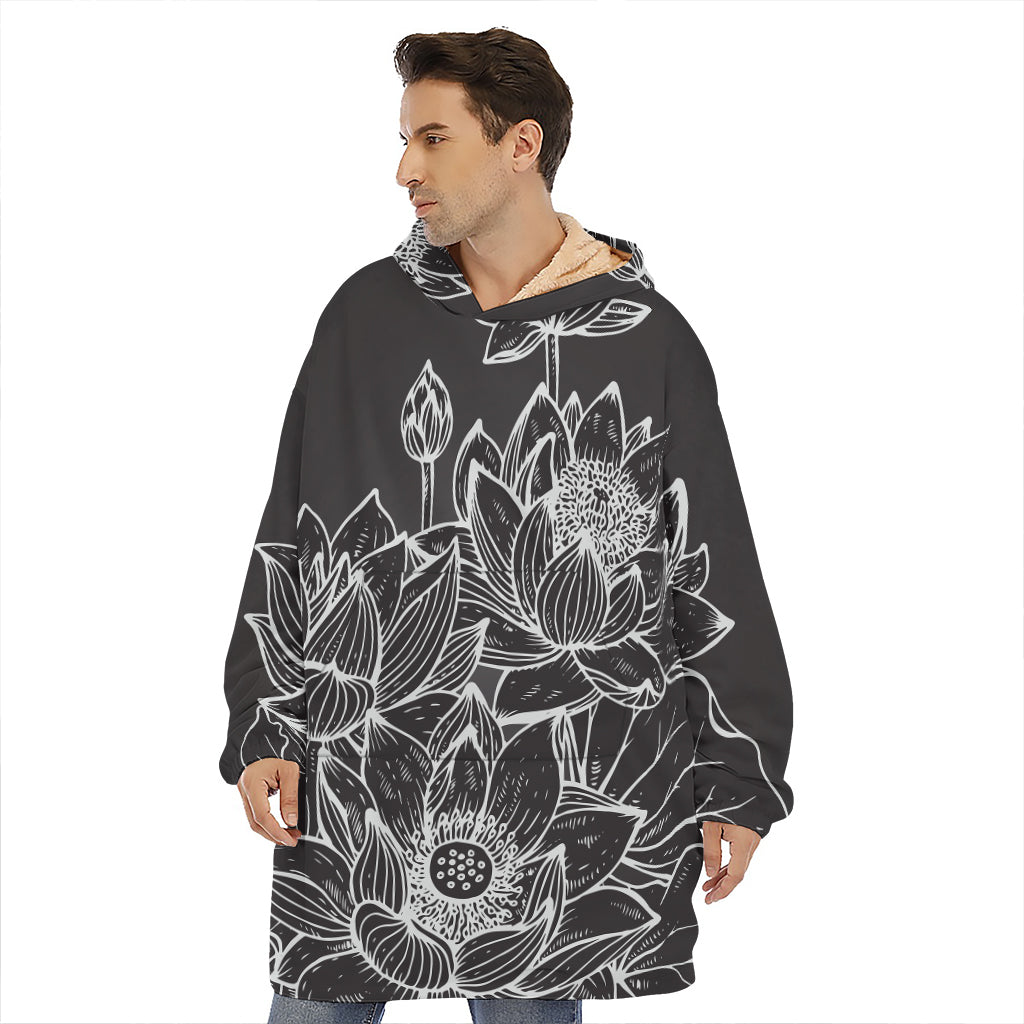 Monochrome Lotus Print Hoodie Blanket