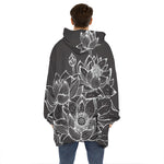 Monochrome Lotus Print Hoodie Blanket